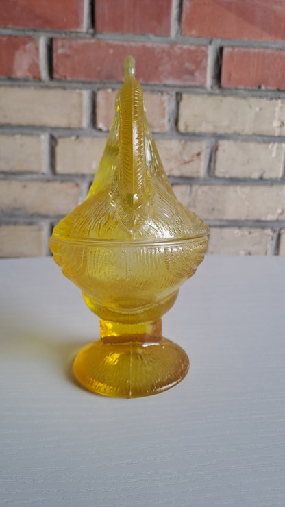 Vintage Bonboniere Hahn aus bernsteinfarbigem Glas