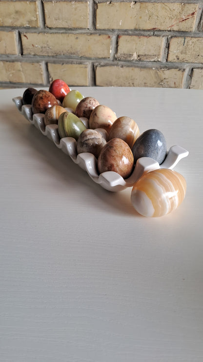 13 Vintage Naturstein Eier Marmor Onyx mit Eierhalter