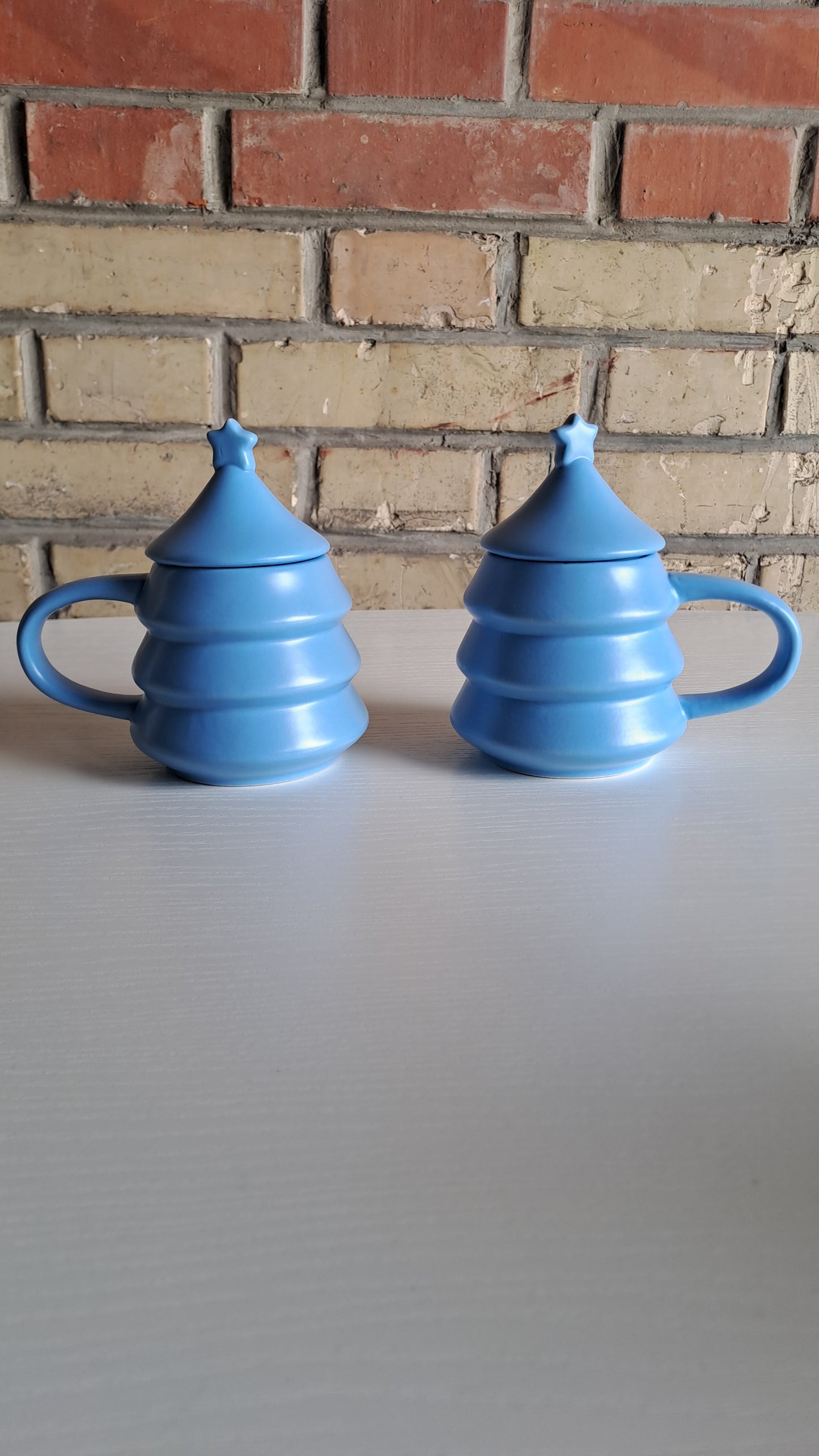 2er Set Keramik Tassen mit Deckel Stern Design Blau