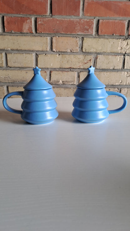 2er Set Keramik Tassen mit Deckel Stern Design Blau