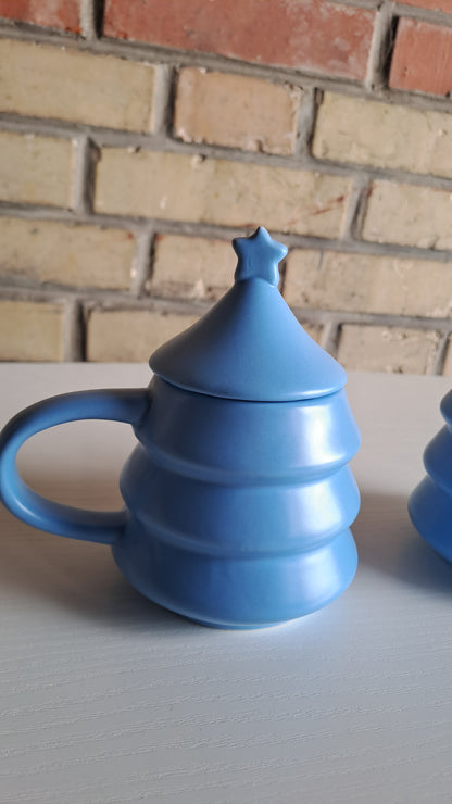 2er Set Keramik Tassen mit Deckel Stern Design Blau