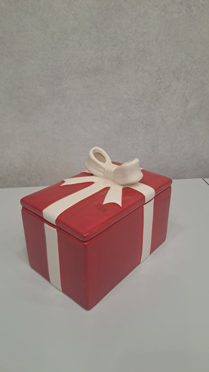 Vintage Keramik-Dose in Geschenkschachtel-Optik in rot weiss