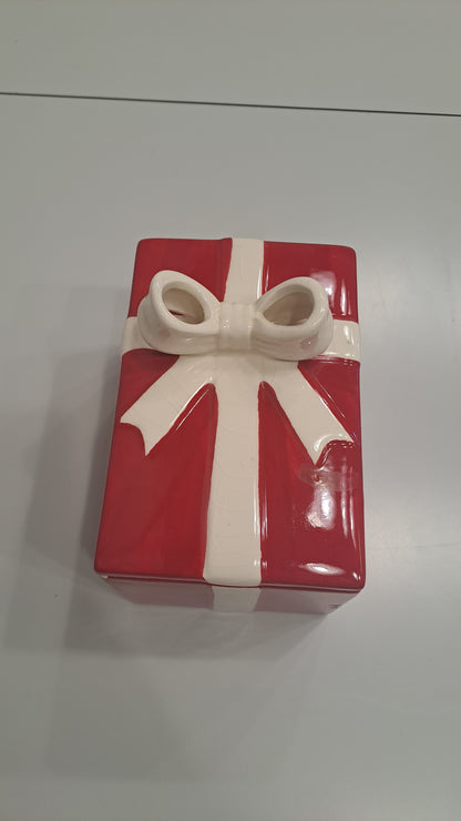 Vintage Keramik-Dose in Geschenkschachtel-Optik in rot weiss
