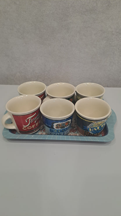 Natives Vintage-Stil Kaffee-Set: 6 Tassen und Metall-Tablett