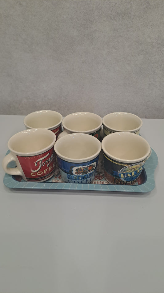 Natives Vintage-Stil Kaffee-Set: 6 Tassen und Metall-Tablett