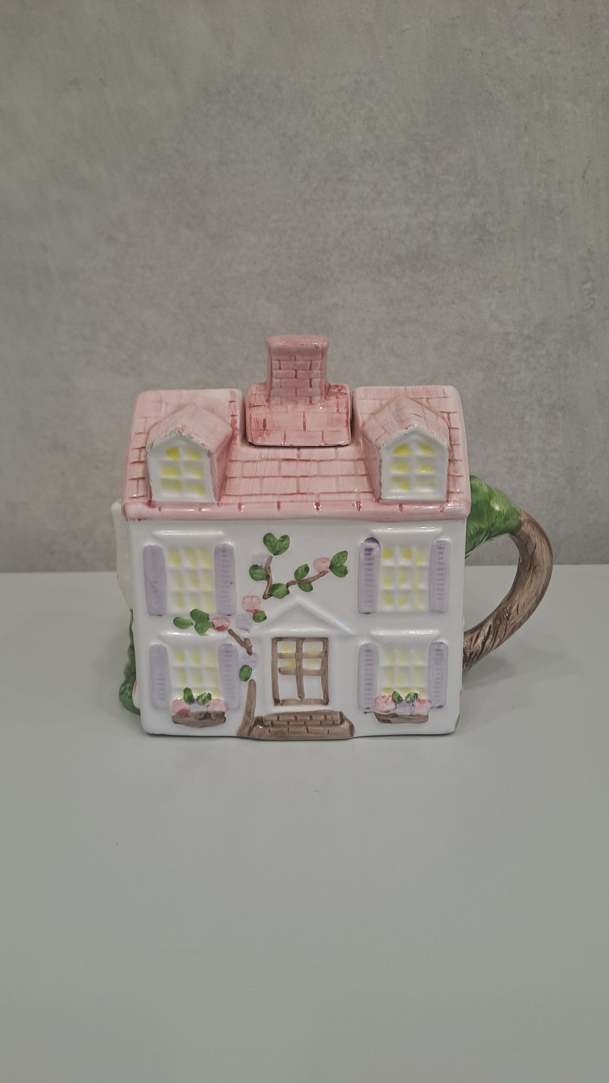 Vintage Cottage Teekanne Haus Rosa Handbemalt Keramik