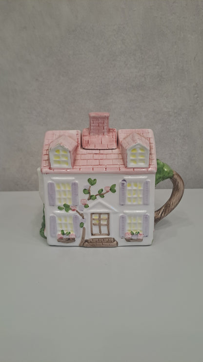 Vintage Cottage Teekanne Haus Rosa Handbemalt Keramik