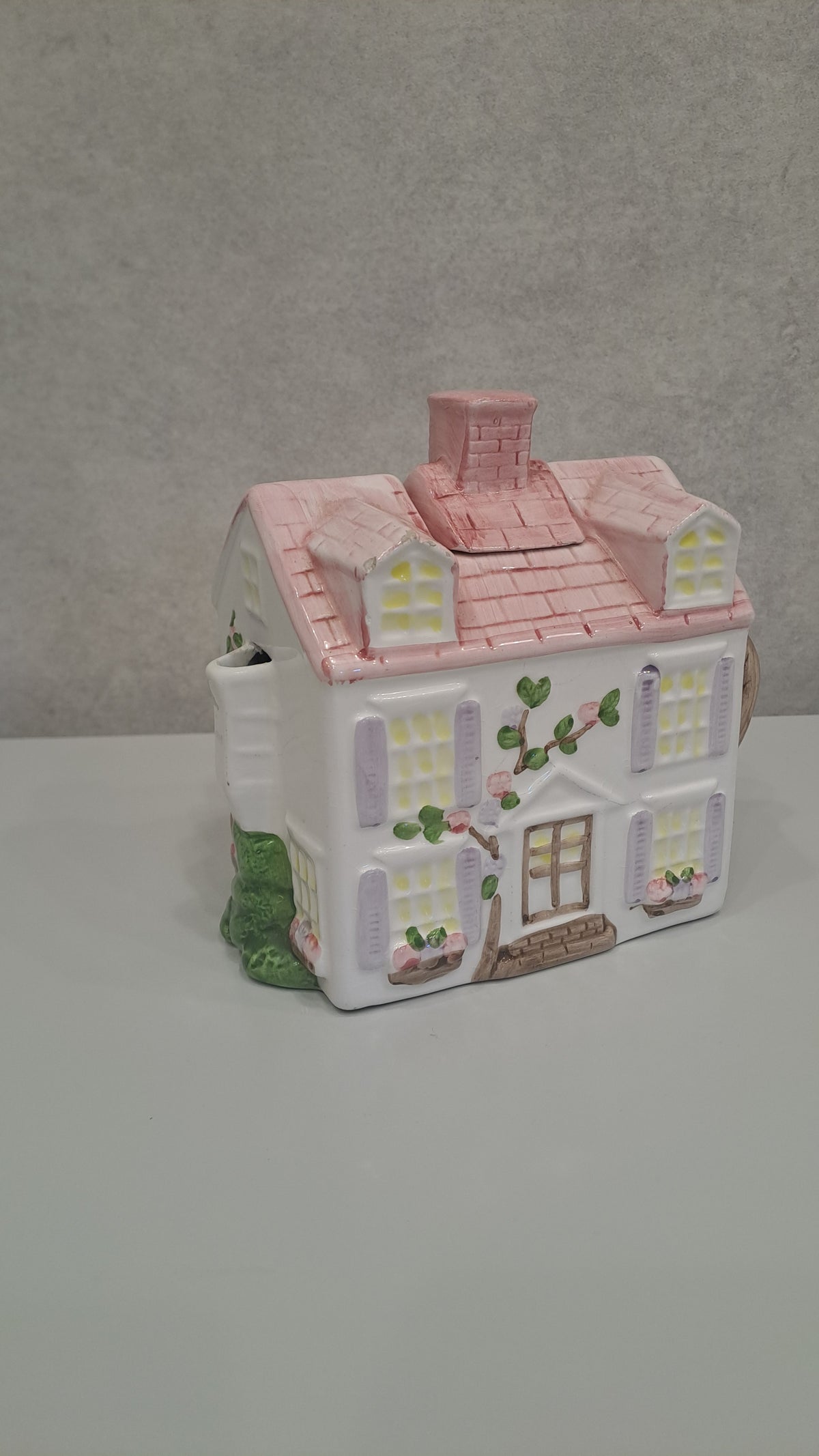 Vintage Cottage Teekanne Haus Rosa Handbemalt Keramik