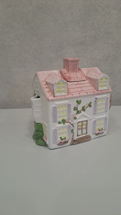 Vintage Cottage Teekanne Haus Rosa Handbemalt Keramik