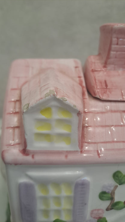 Vintage Cottage Teekanne Haus Rosa Handbemalt Keramik