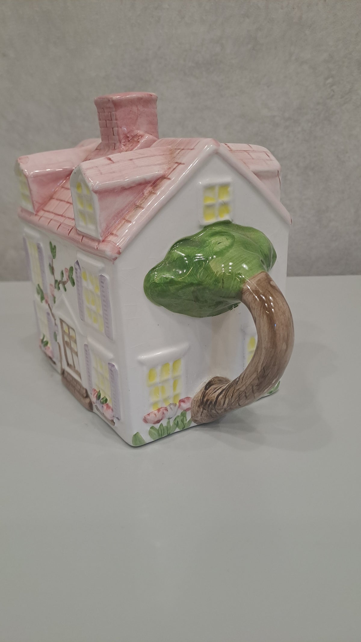 Vintage Cottage Teekanne Haus Rosa Handbemalt Keramik