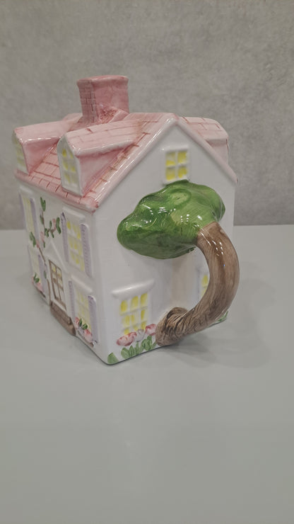 Vintage Cottage Teekanne Haus Rosa Handbemalt Keramik