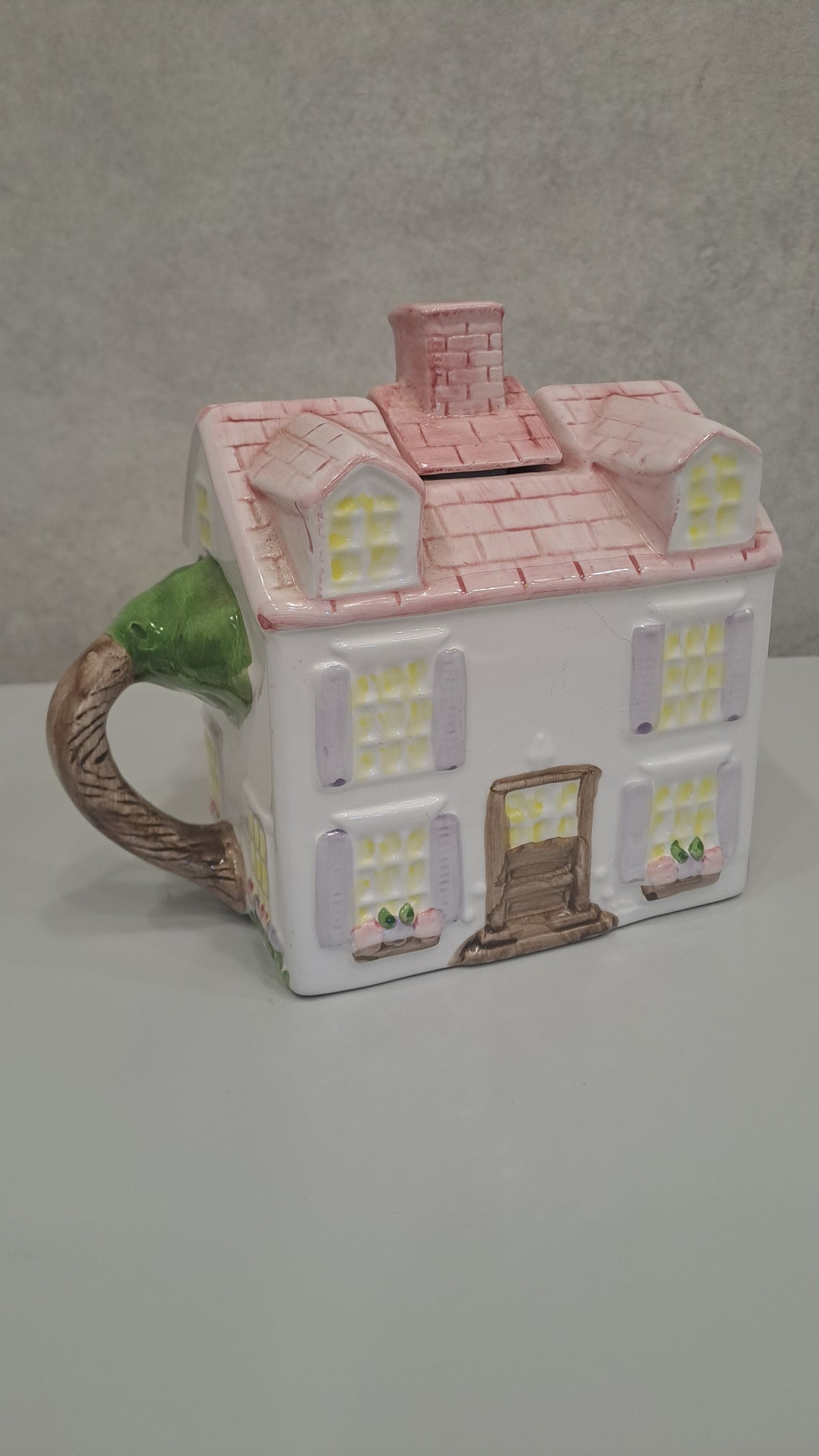 Vintage Cottage Teekanne Haus Rosa Handbemalt Keramik
