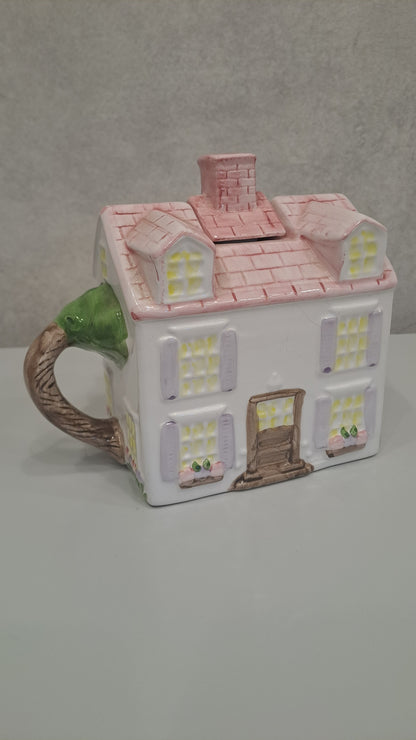 Vintage Cottage Teekanne Haus Rosa Handbemalt Keramik