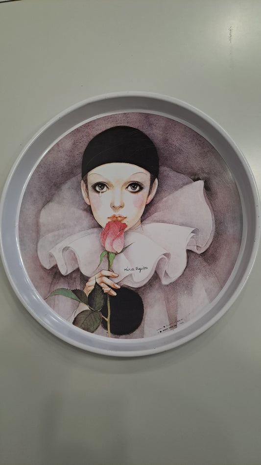 Vintage Mira Fujita Blech Tablett Pierrot Rose 90er Jahre