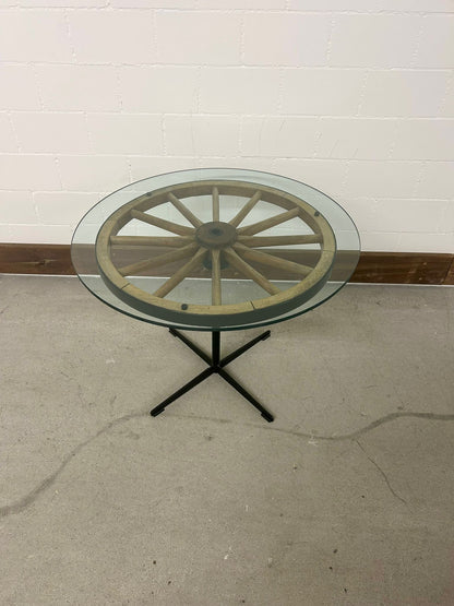 Vintage Retro Tisch mit Wagenrad Glasplatte Beistelltisch