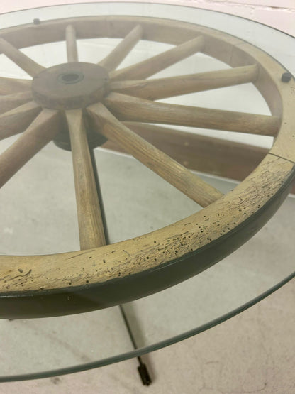Vintage Retro Tisch mit Wagenrad Glasplatte Beistelltisch