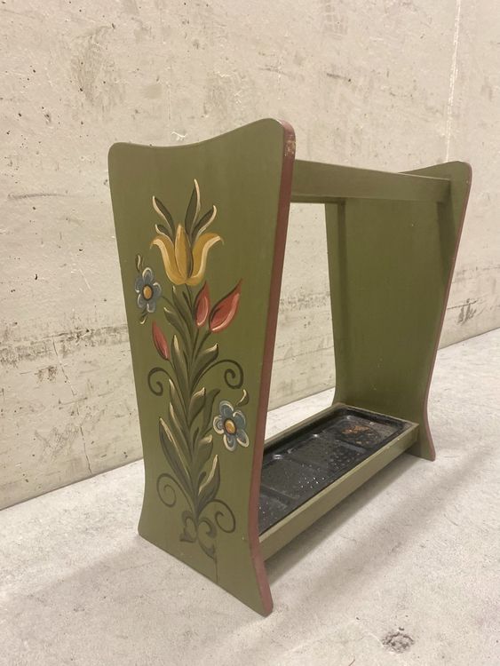 Schirmständer Vintage Blumen handbemalt grün 60er
