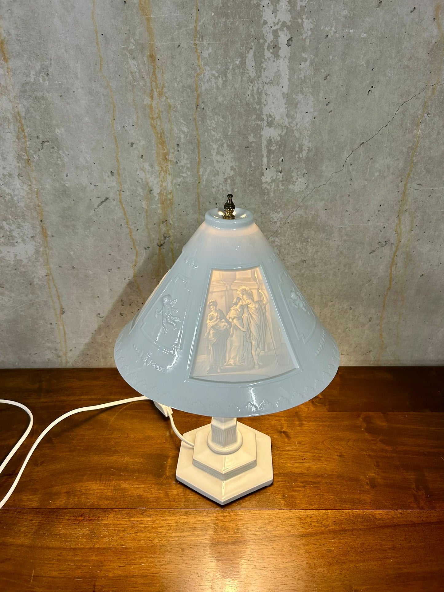Seltene Litophanie Tischlampe aus Porzellan Keramik