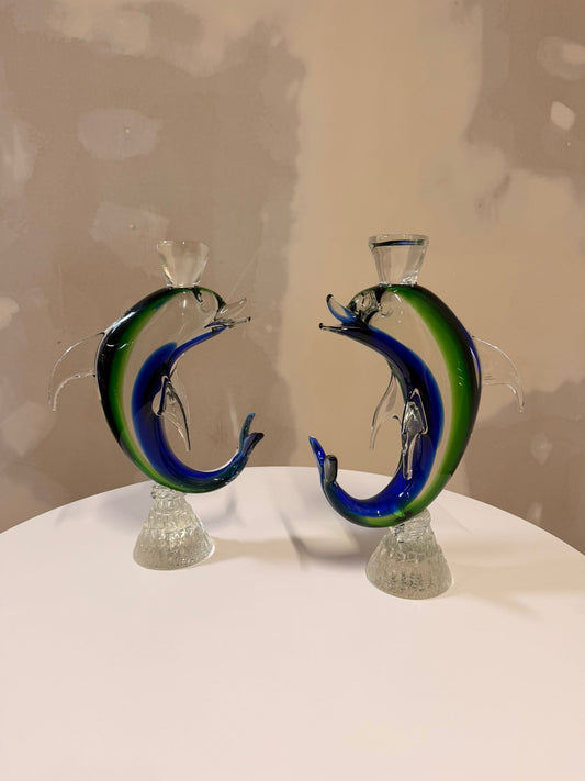 Vintage Delfine aus Murano Glas grün/ blau, 2x