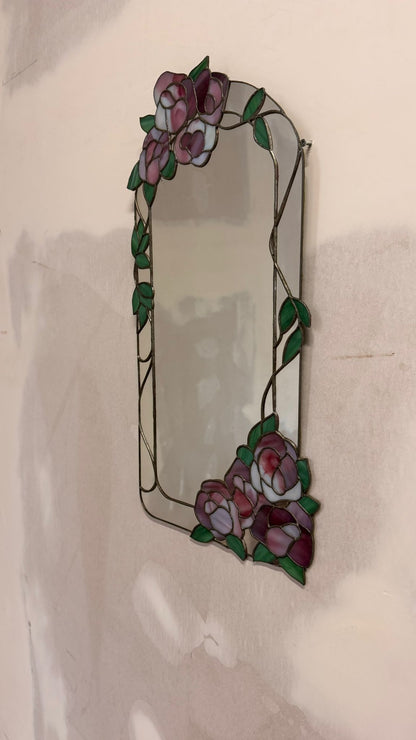 Vintage Spiegel im Tiffany-Stil Buntglasrahmen Rosenmotiv