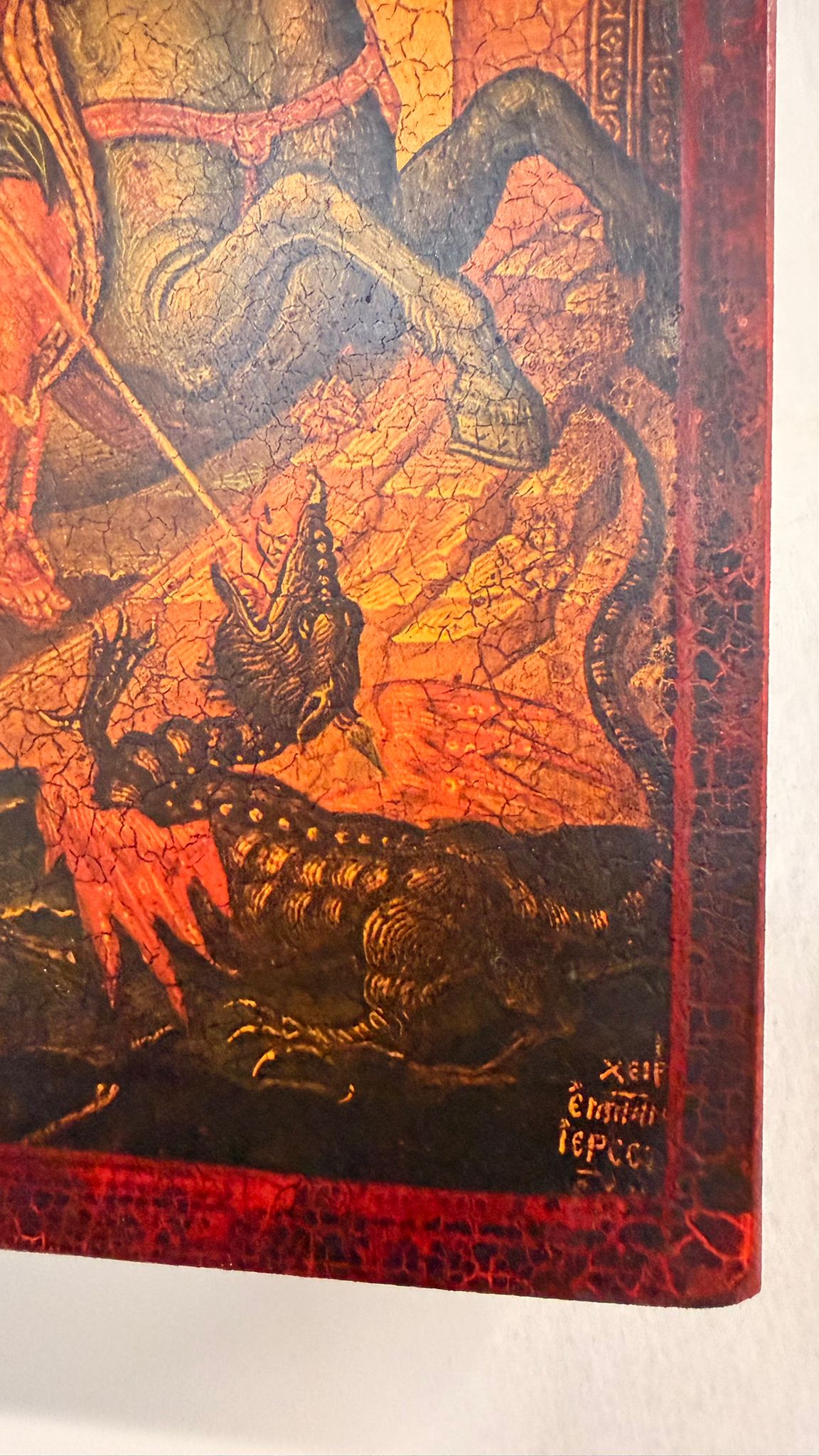 Holzbild Ikone Heiliger Georg auf Pferd Drachenkampf Kunst