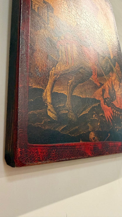 Holzbild Ikone Heiliger Georg auf Pferd Drachenkampf Kunst