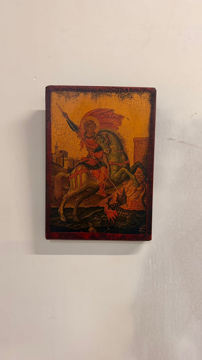 Holzbild Ikone Heiliger Georg auf Pferd Drachenkampf Kunst