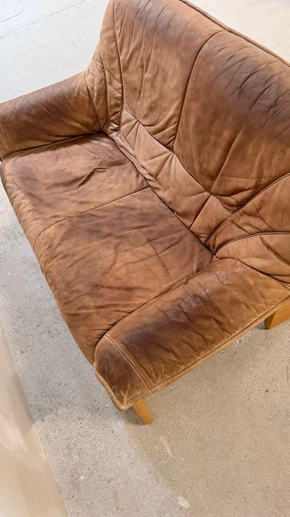 Brutalistisches 2er Sofa aus Leder und Teakholz aus den 70er