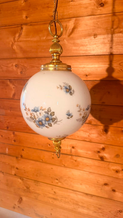 Vintage Hängelampe Opalglas Messing Blumenmuster aus Italien