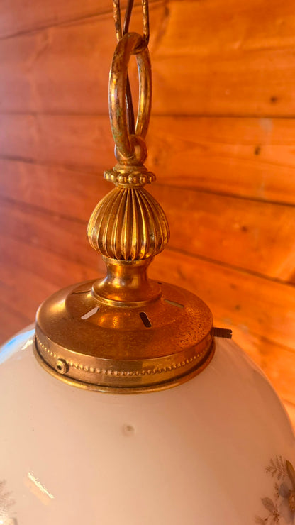 Vintage Hängelampe Opalglas Messing Blumenmuster aus Italien