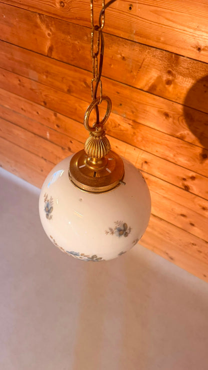Vintage Hängelampe Opalglas Messing Blumenmuster aus Italien