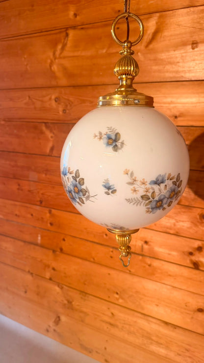 Vintage Hängelampe Opalglas Messing Blumenmuster aus Italien