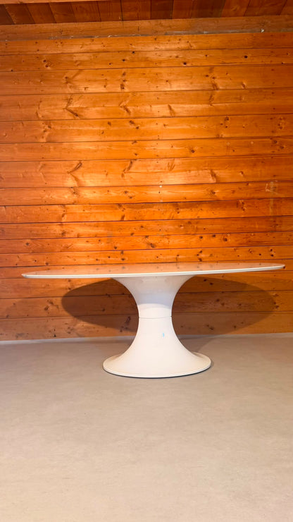 Ovaler Space Age Tisch mit Tulpenfuss in weiss, Tulip Stil