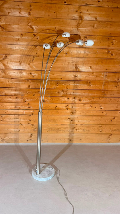 Design Bogenlampe 5-flammig Marmorfuss und Glaslampenschirm