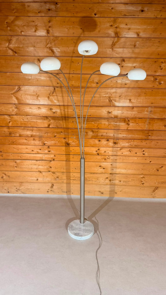 Design Bogenlampe 5-flammig Marmorfuss und Glaslampenschirm
