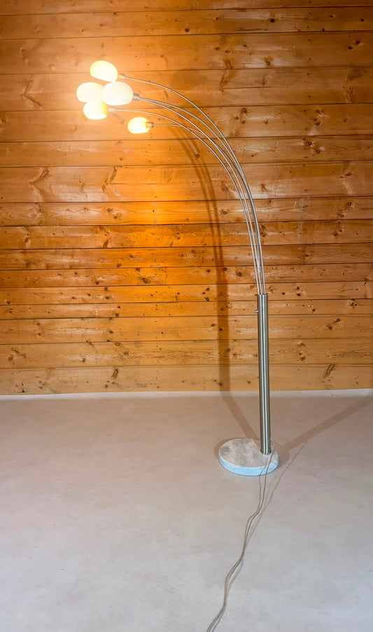 Design Bogenlampe 5-flammig Marmorfuss und Glaslampenschirm