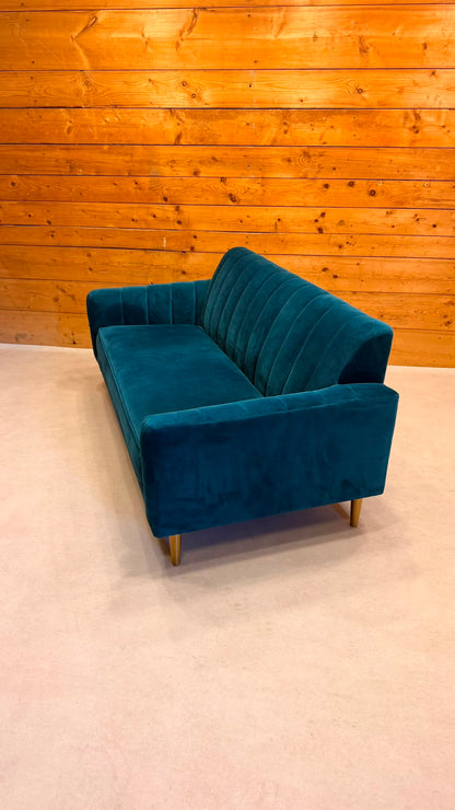 Elegantes 2-Sitzer Samt Sofa in Petrol goldene Metallfüsse
