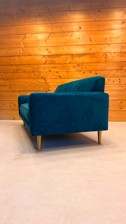 Elegantes 2-Sitzer Samt Sofa in Petrol goldene Metallfüsse