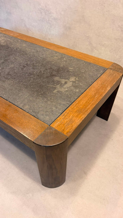 Brutalistischer Eiche Couchtisch mit Schieferplatte 70er