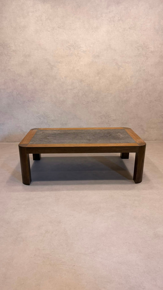 Brutalistischer Eiche Couchtisch mit Schieferplatte 70er