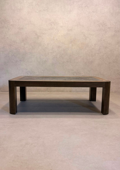 Brutalistischer Eiche Couchtisch mit Schieferplatte 70er