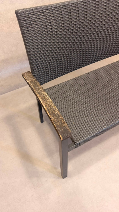Polyrattan Gartenbank Grau 2-Sitzer Outdoor mit Holzarmlehne