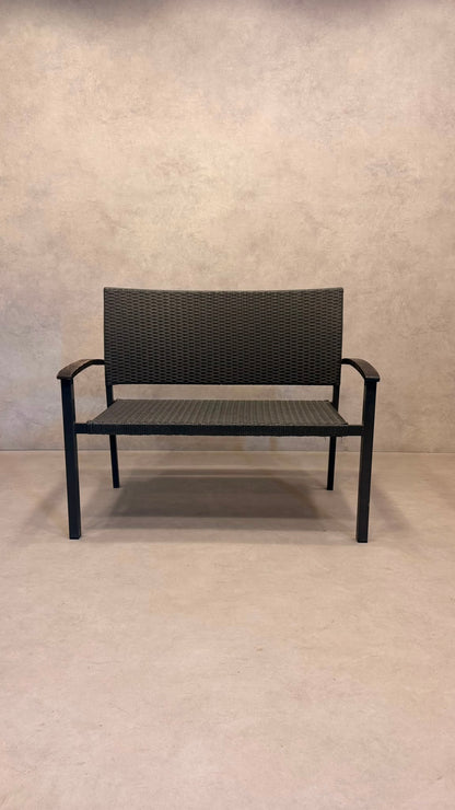 Polyrattan Gartenbank Grau 2-Sitzer Outdoor mit Holzarmlehne