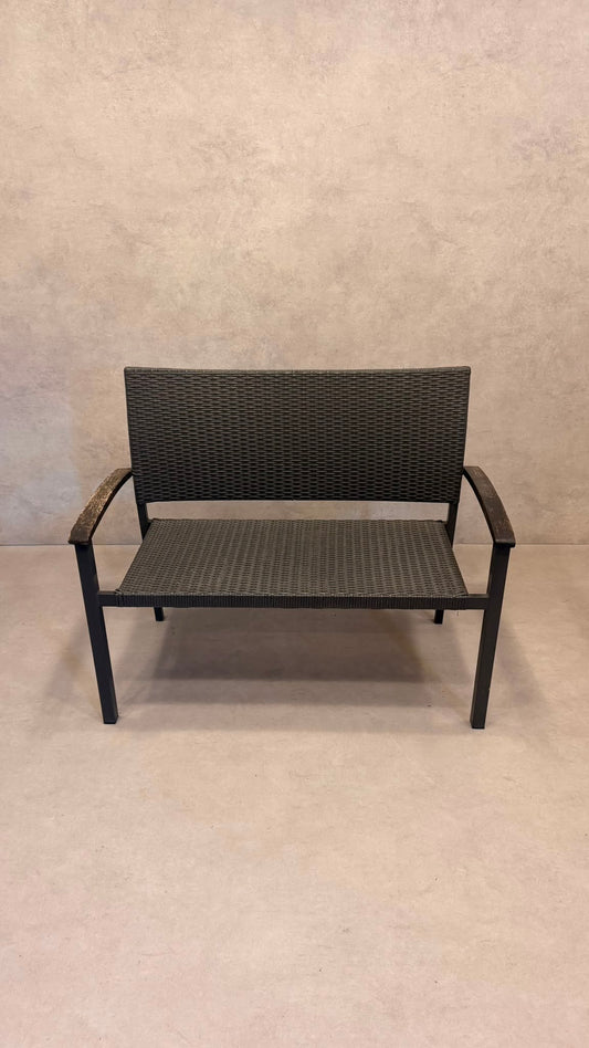 Polyrattan Gartenbank Grau 2-Sitzer Outdoor mit Holzarmlehne