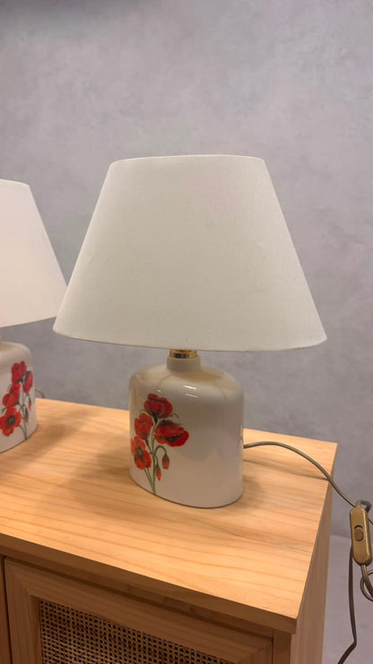 Vintage Keramik Tischlampe Mohnblumen Motiv & Stoffschirm