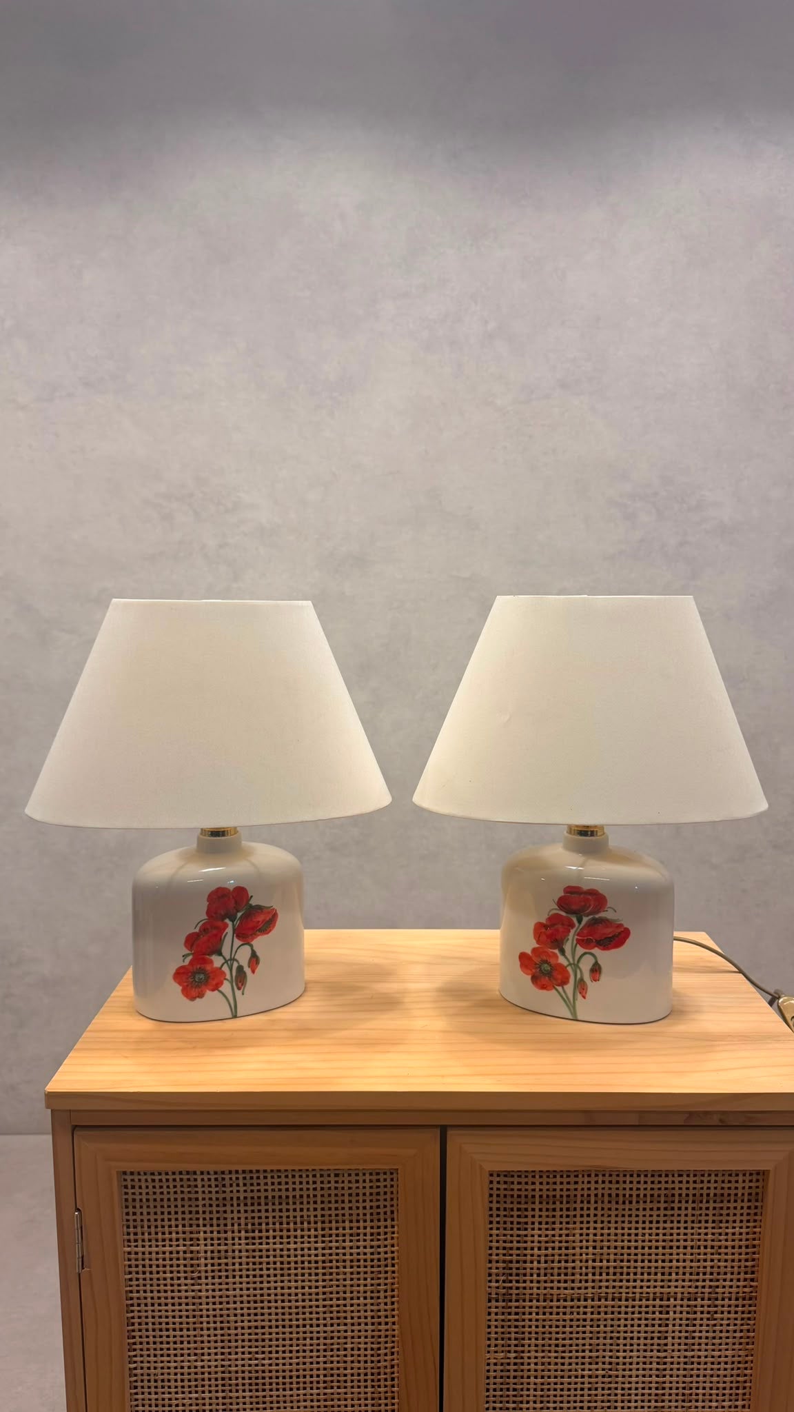 Vintage Keramik Tischlampe Mohnblumen Motiv & Stoffschirm