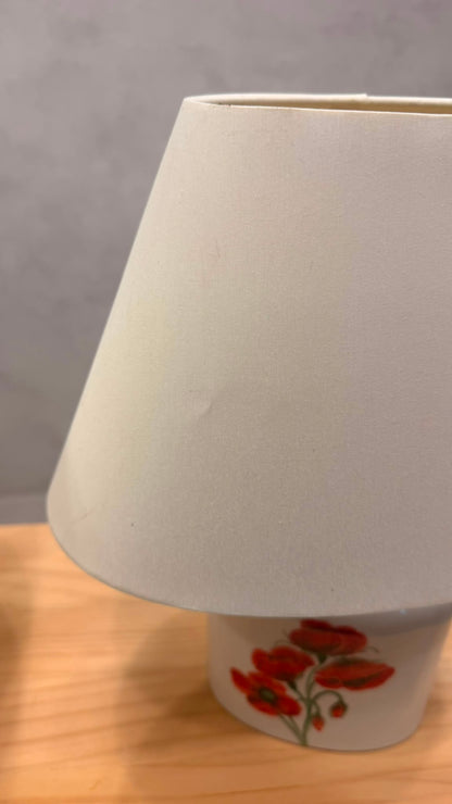 Vintage Keramik Tischlampe Mohnblumen Motiv & Stoffschirm