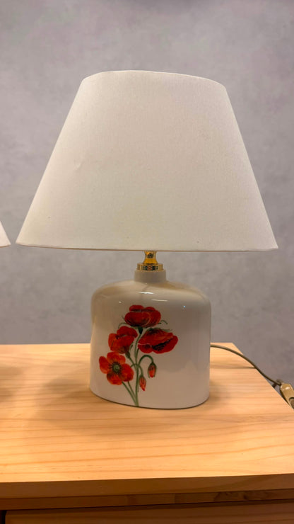 Vintage Keramik Tischlampe Mohnblumen Motiv & Stoffschirm