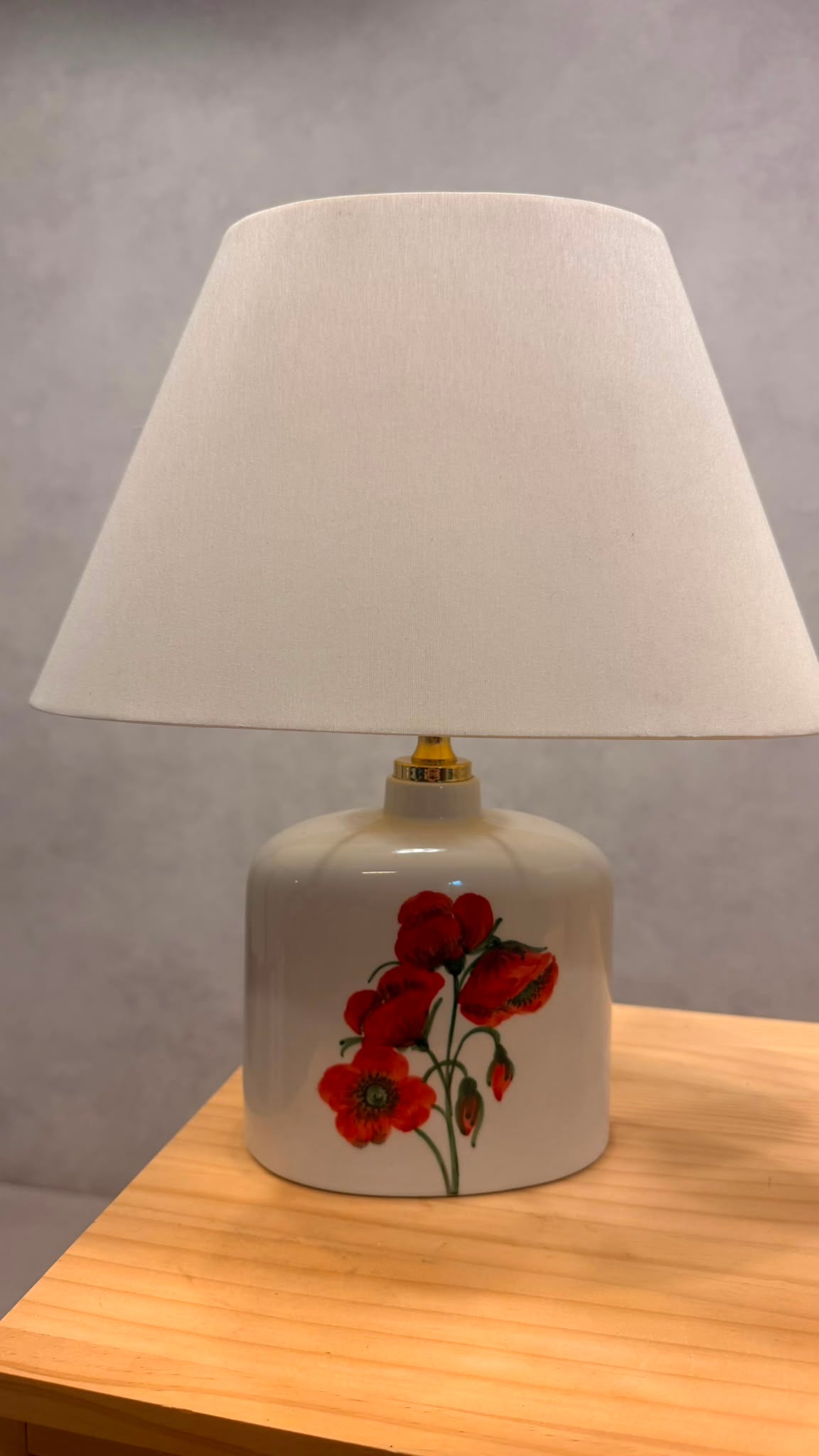 Vintage Keramik Tischlampe Mohnblumen Motiv & Stoffschirm